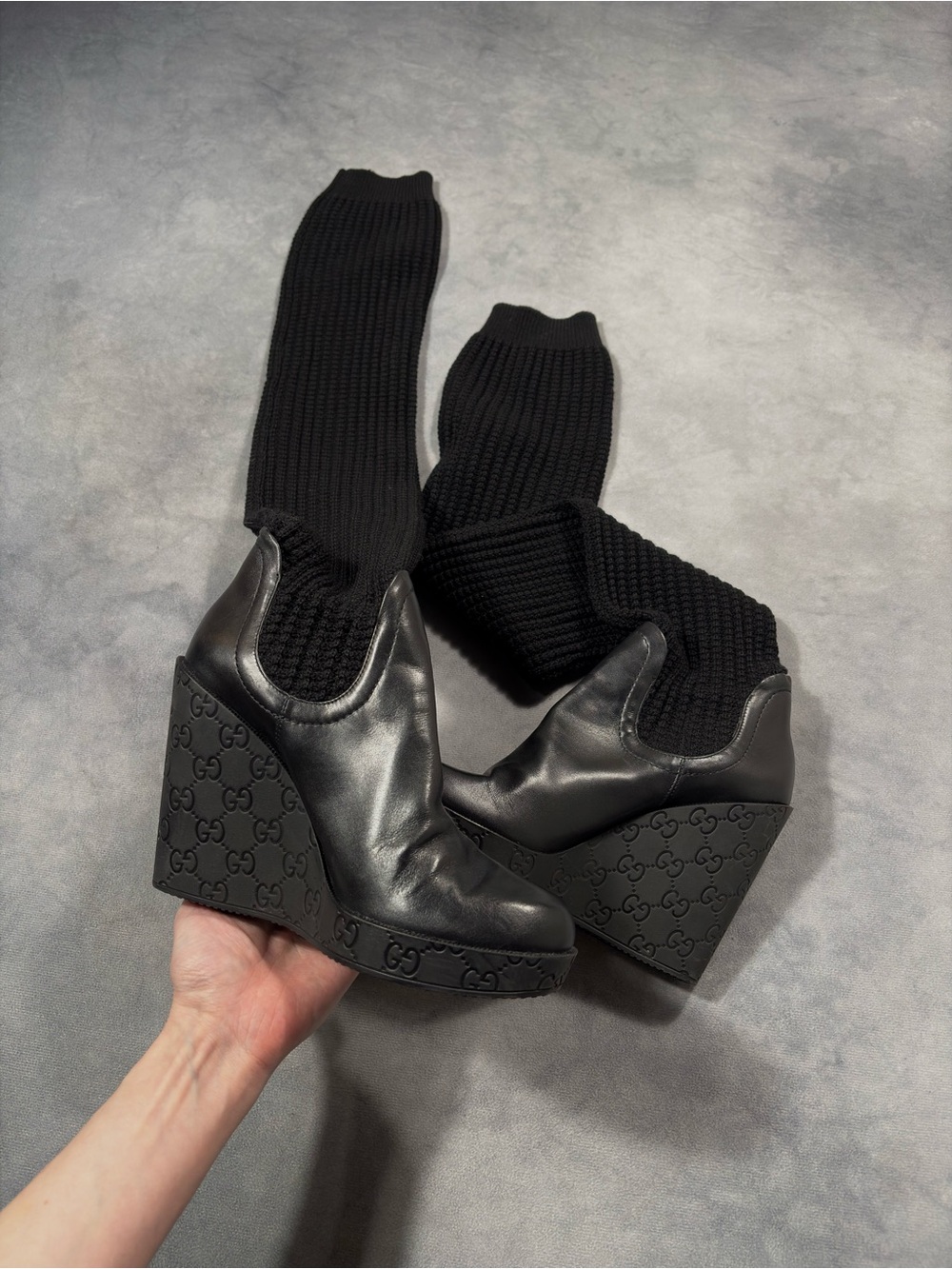 RARE GUCCI Vintage GG Leather Y2K Archive Knit Knee High Platform Boots